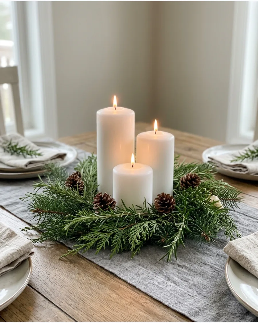6. Rosemary and Evergreen Candle Centerpiece