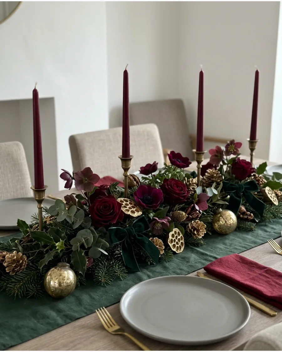 60. Moody Burgundy, Green, and Gold Christmas Centerpiece