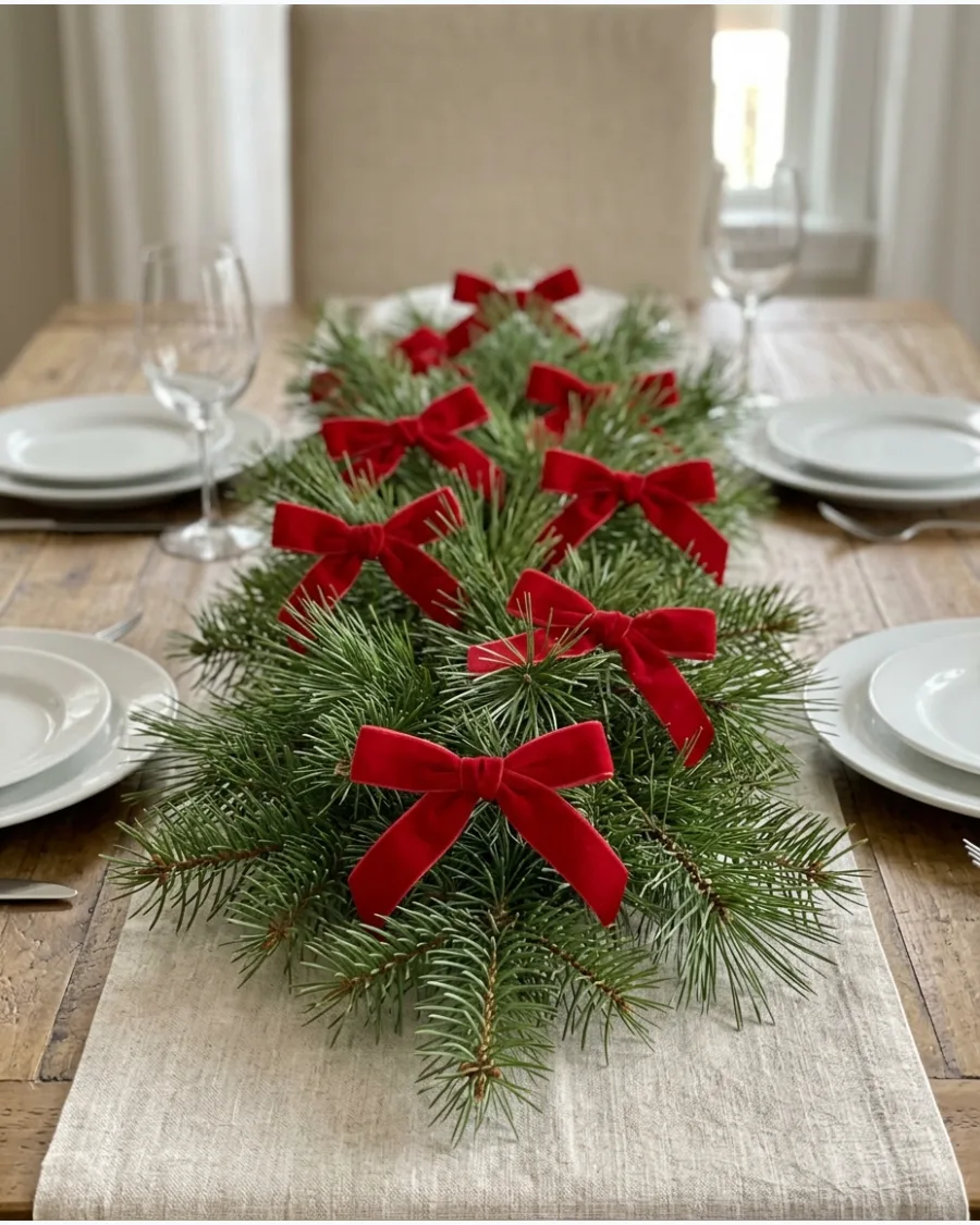 7. Pine Branch Centerpiece With Red Velvet Bows