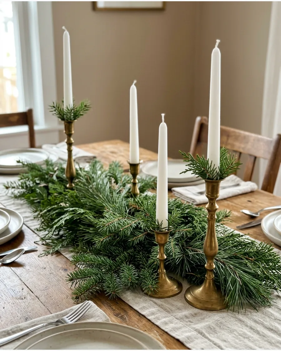 8. Evergreen Centerpiece With Brass Candlesticks