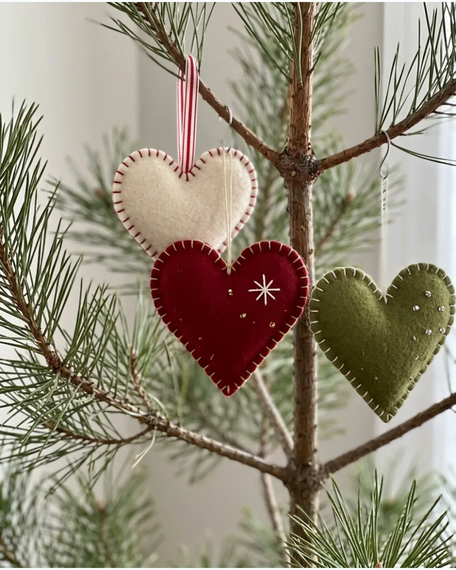 25. Hand-Stitched Felt Heart Ornaments