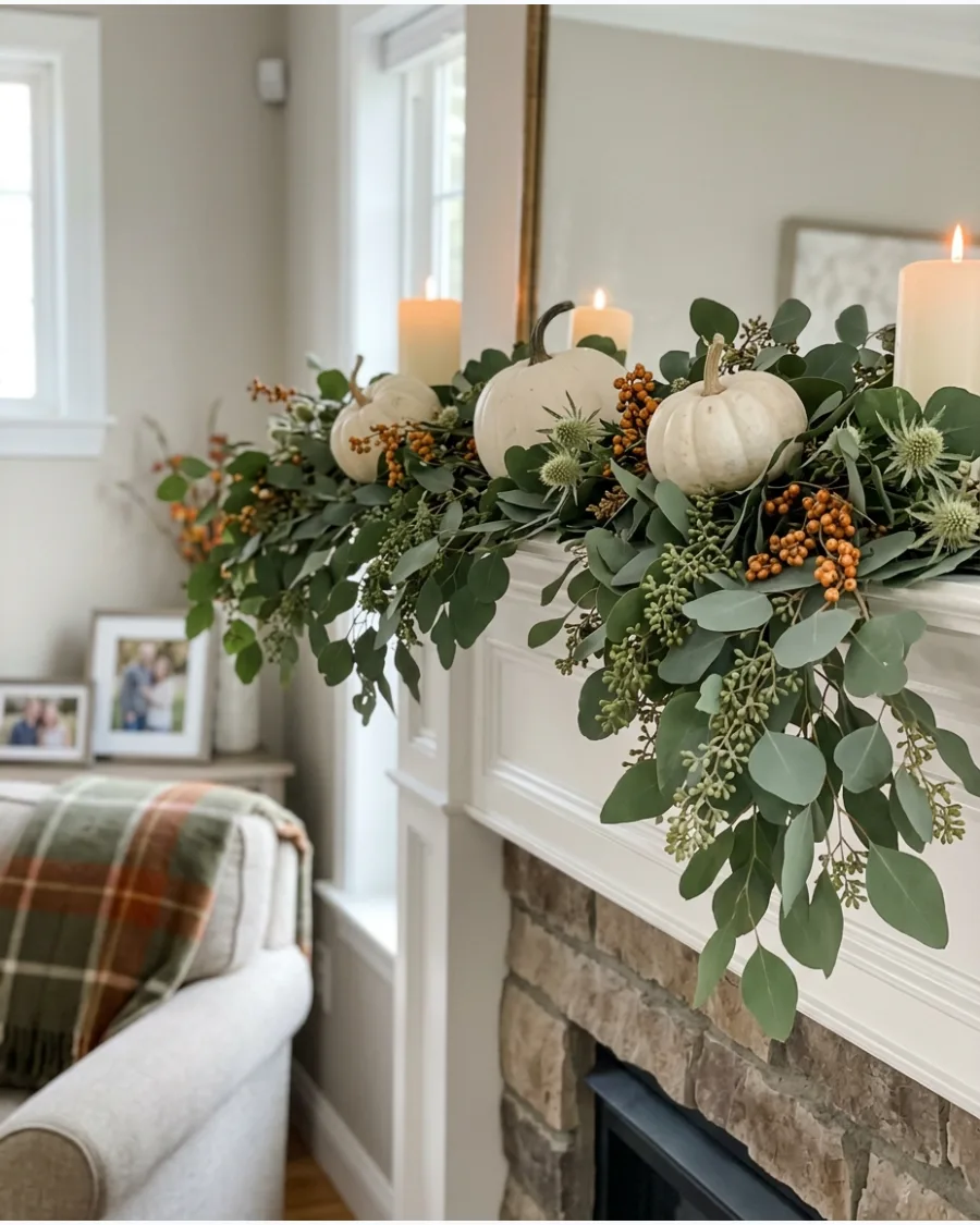 29. DIY Eucalyptus and Pumpkin Mantel Garland