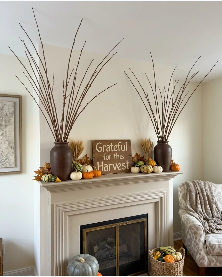 30. DIY Autumn Branch Mantel Display
