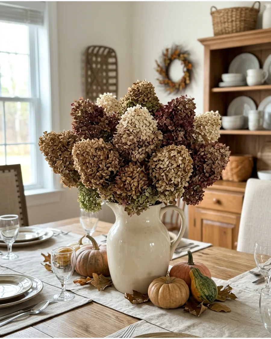 37. DIY Dried Hydrangea Thanksgiving Arrangement