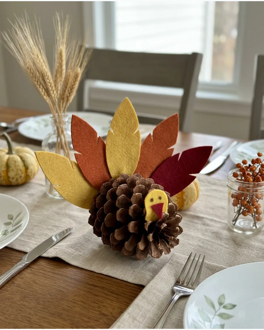 46. DIY Pinecone Turkey Decorations
