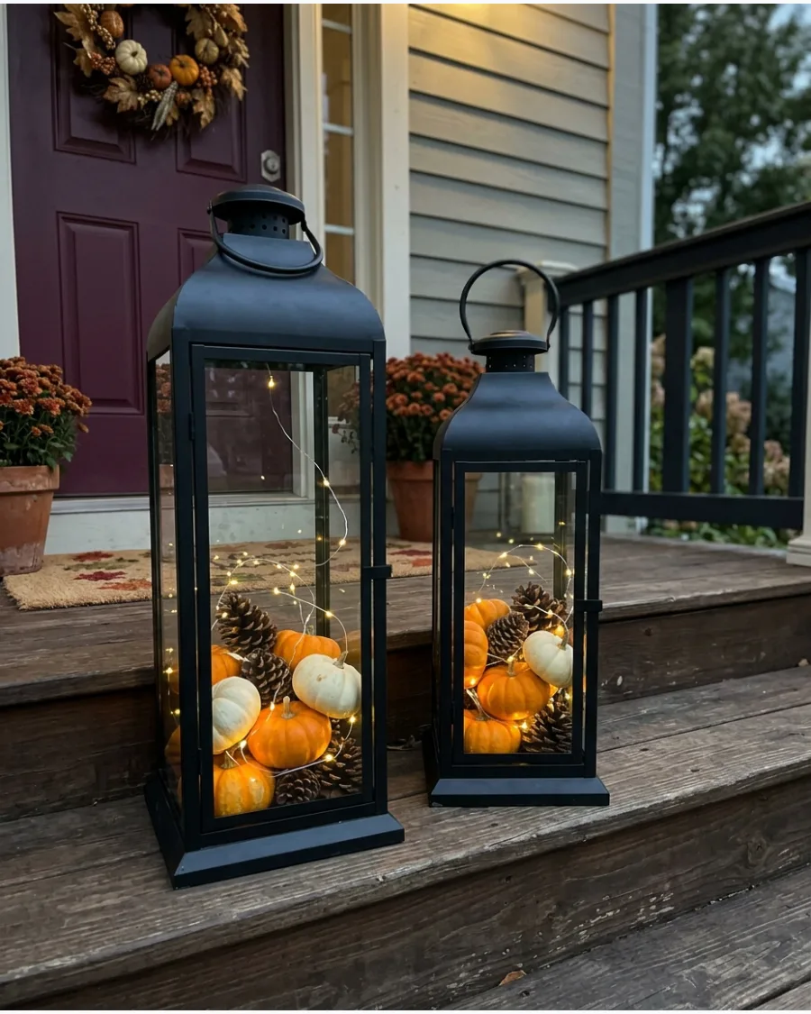 53. DIY Pumpkin Porch Lantern Display