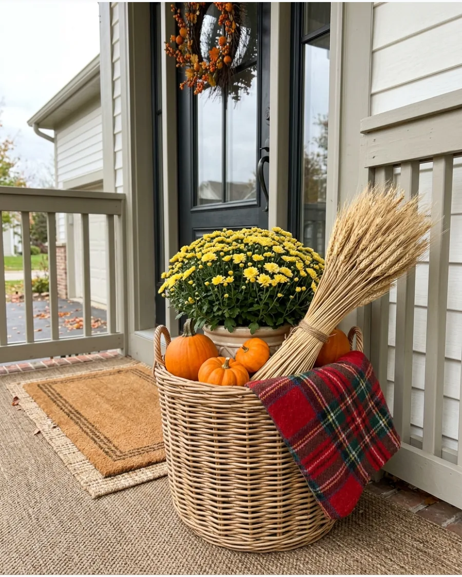 54. DIY Fall Basket Porch Arrangement