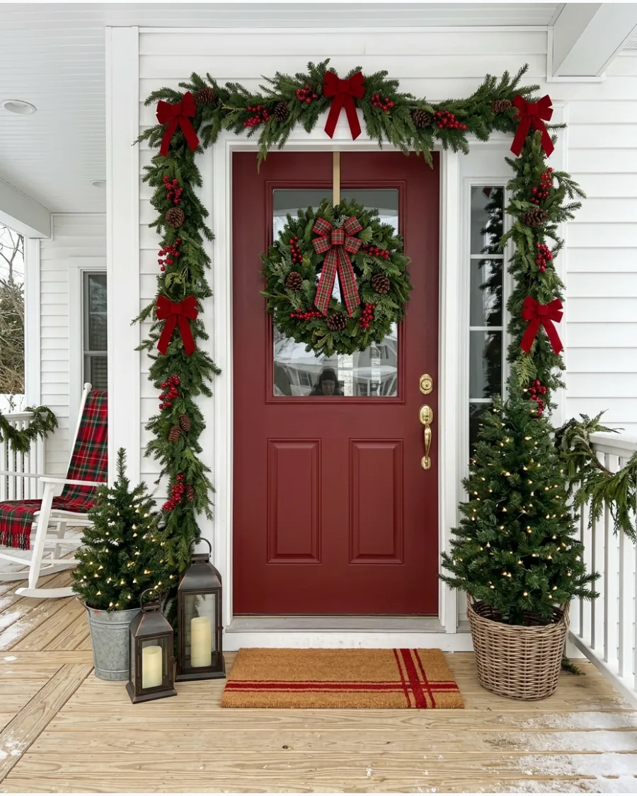 1. Classic Red and Green Farmhouse Christmas Porch