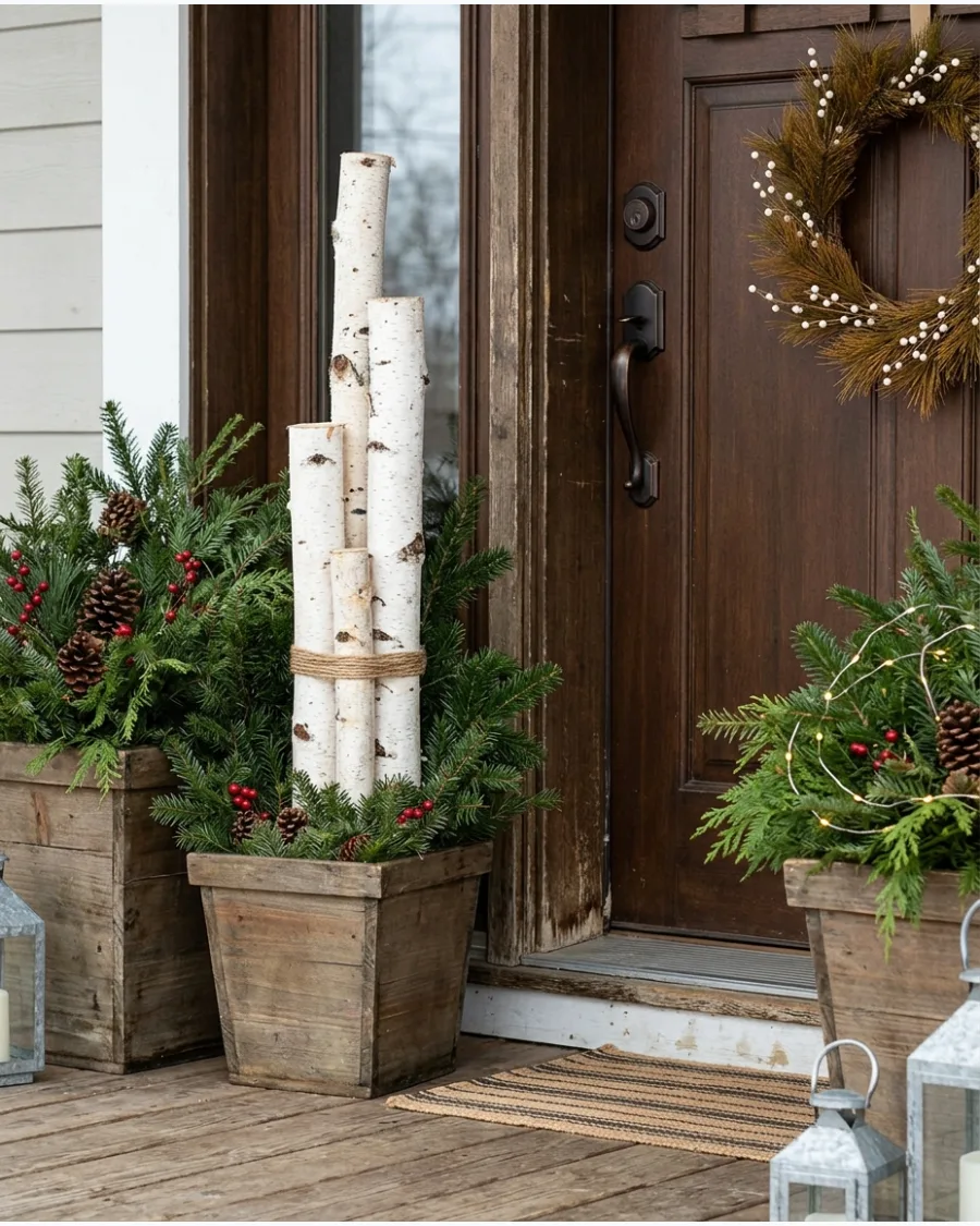 13. Birch Log Christmas Porch Planters