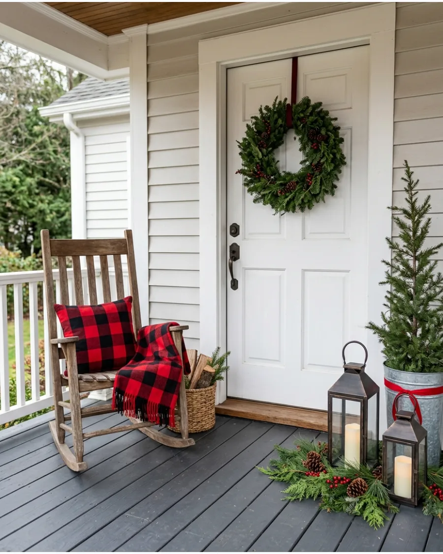 2. Farmhouse Porch With Buffalo Plaid Accents