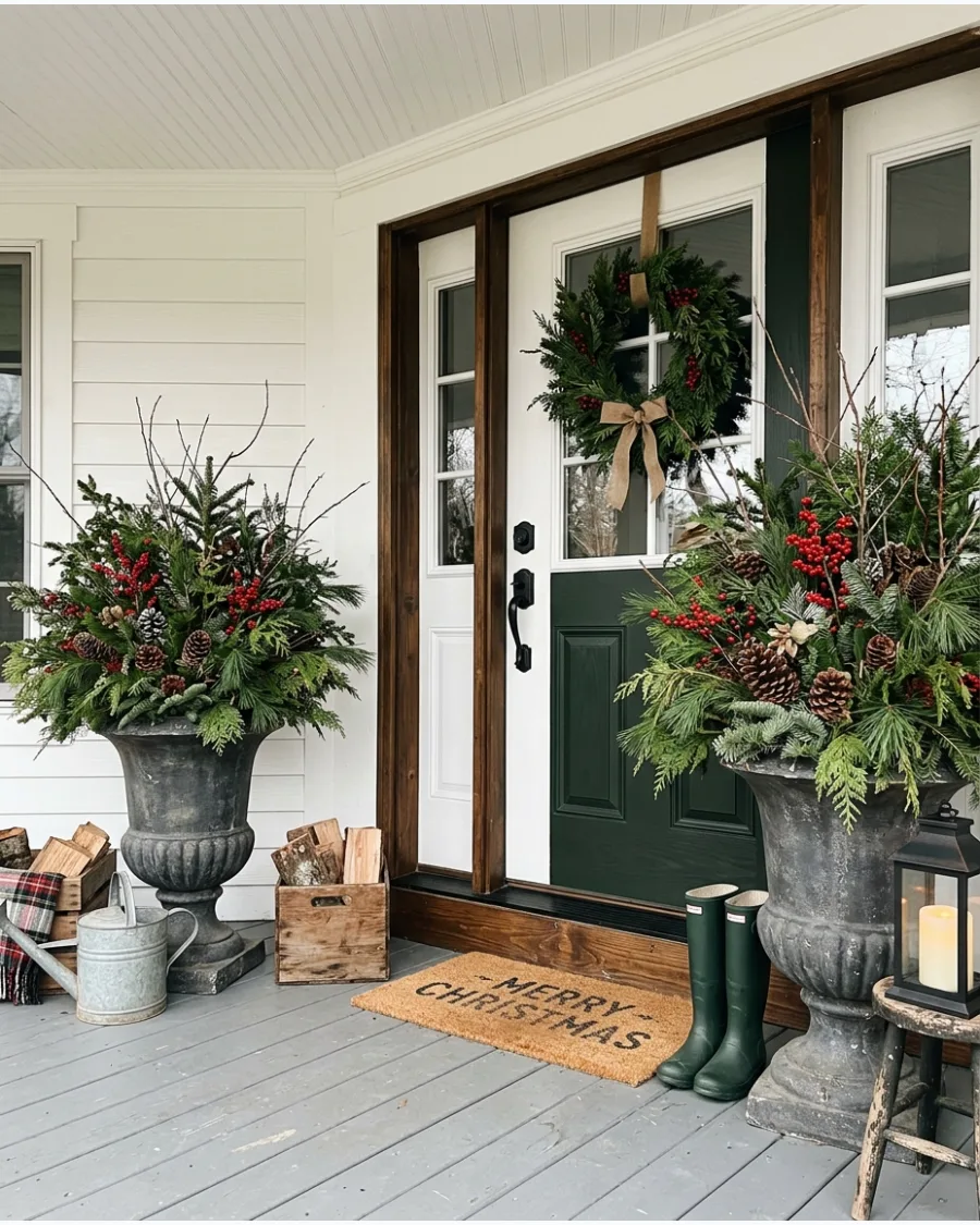 25. Farmhouse Christmas Urns With Mixed Greenery
