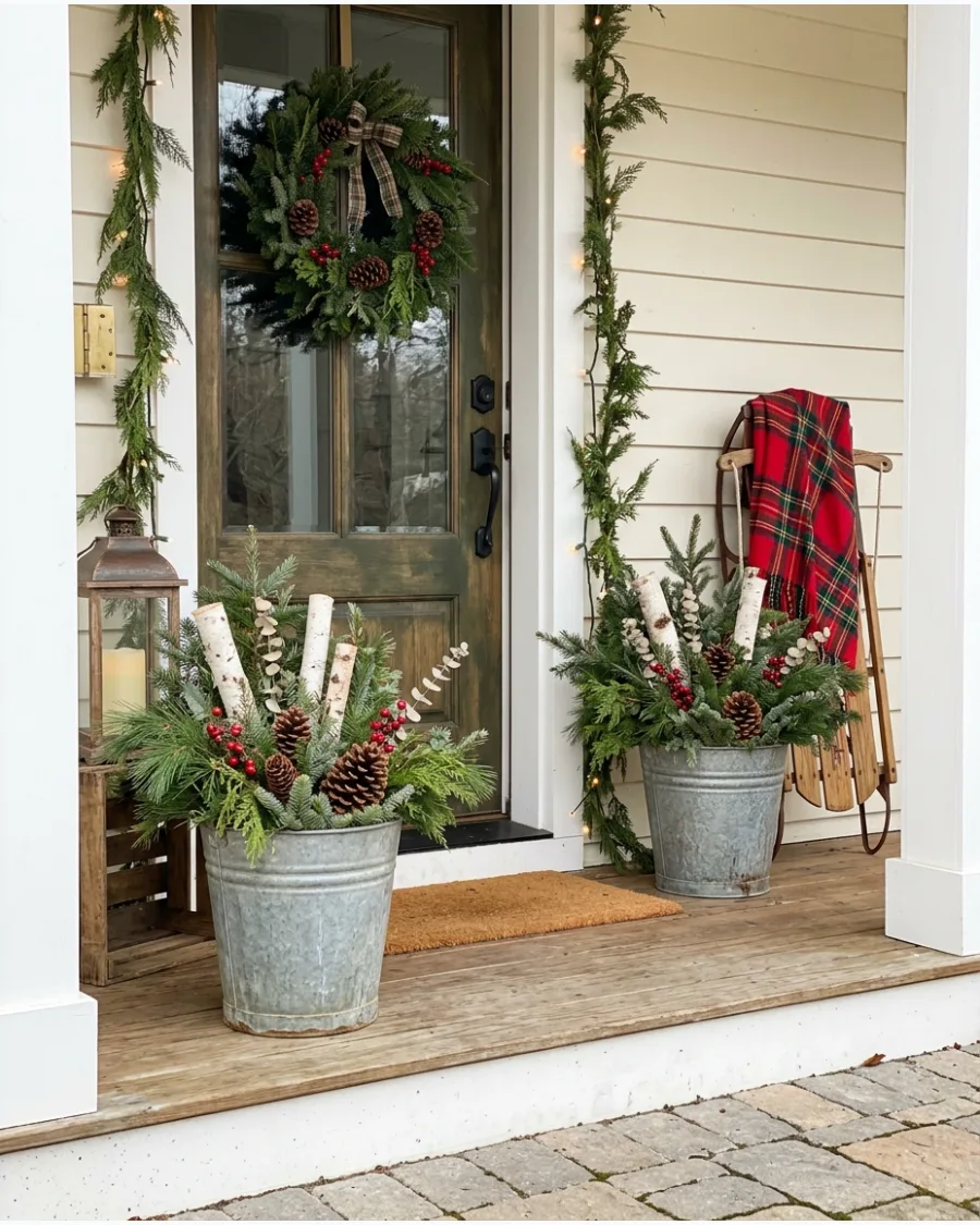 26. Galvanized Bucket Christmas Planters