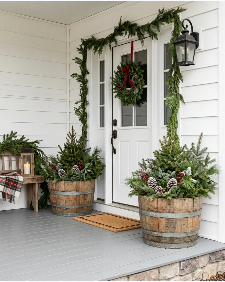 28. Wooden Barrel Christmas Planters