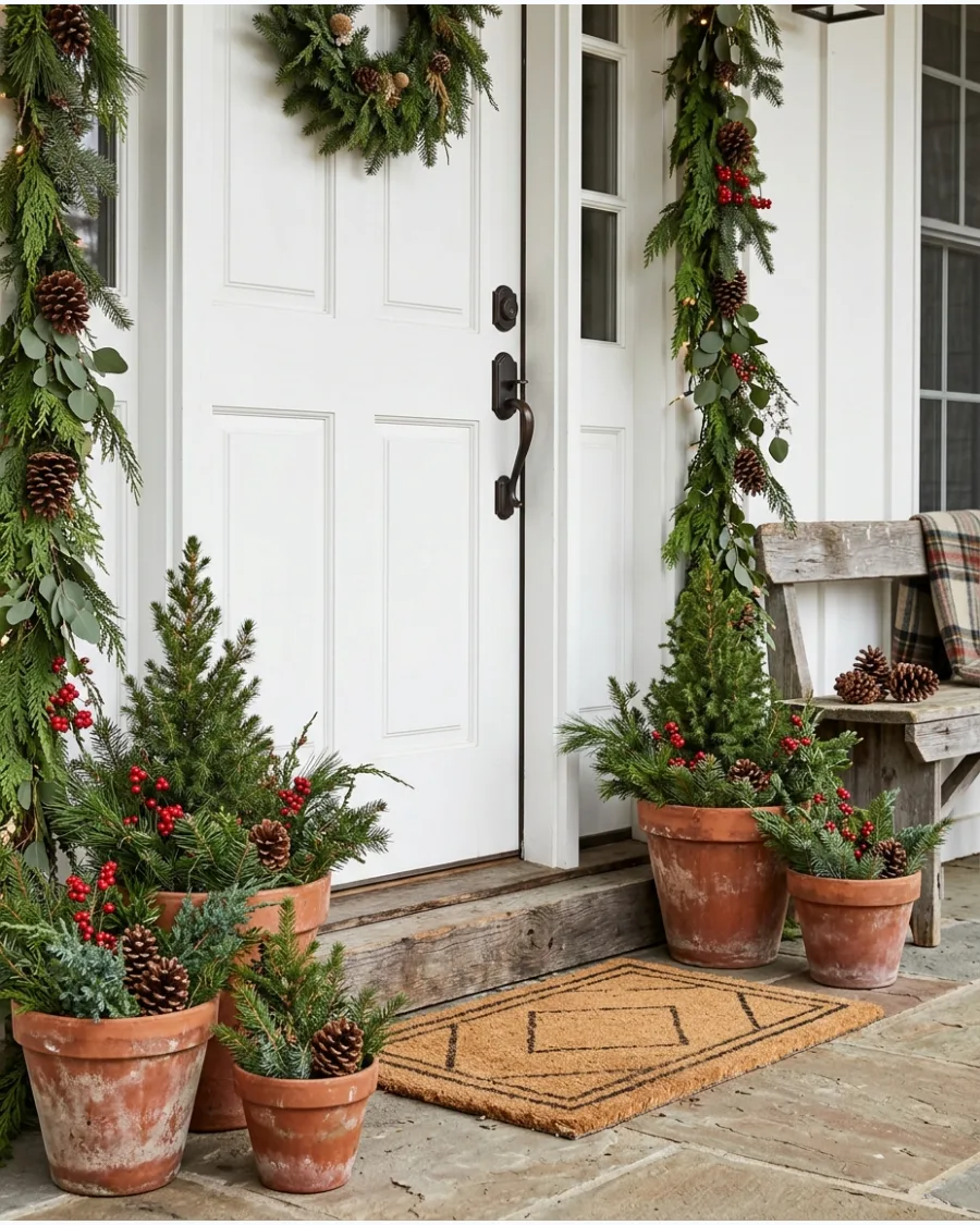 29. Terracotta Pot Christmas Porch Display