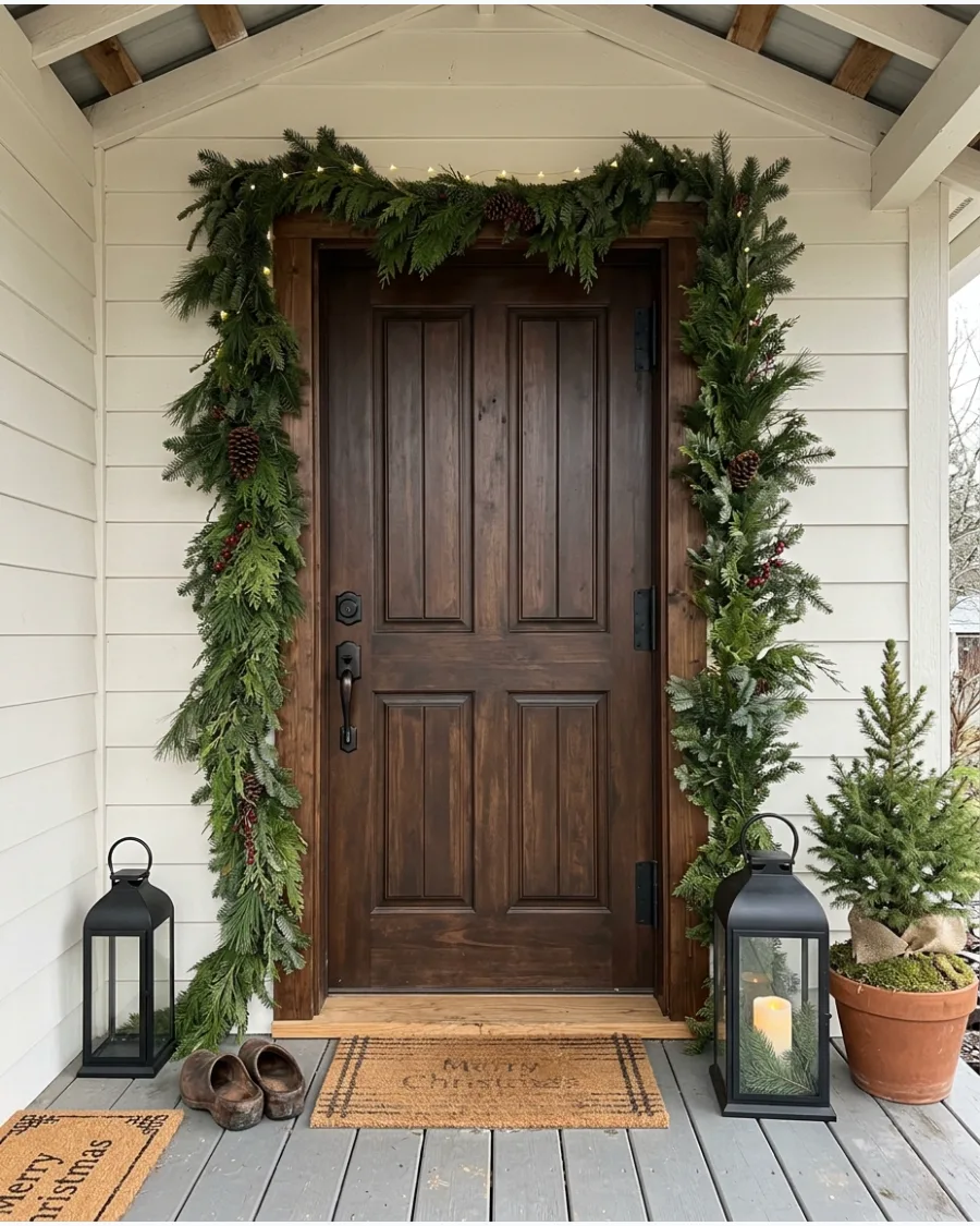 3. Evergreen Garland Around the Farmhouse Front Door
