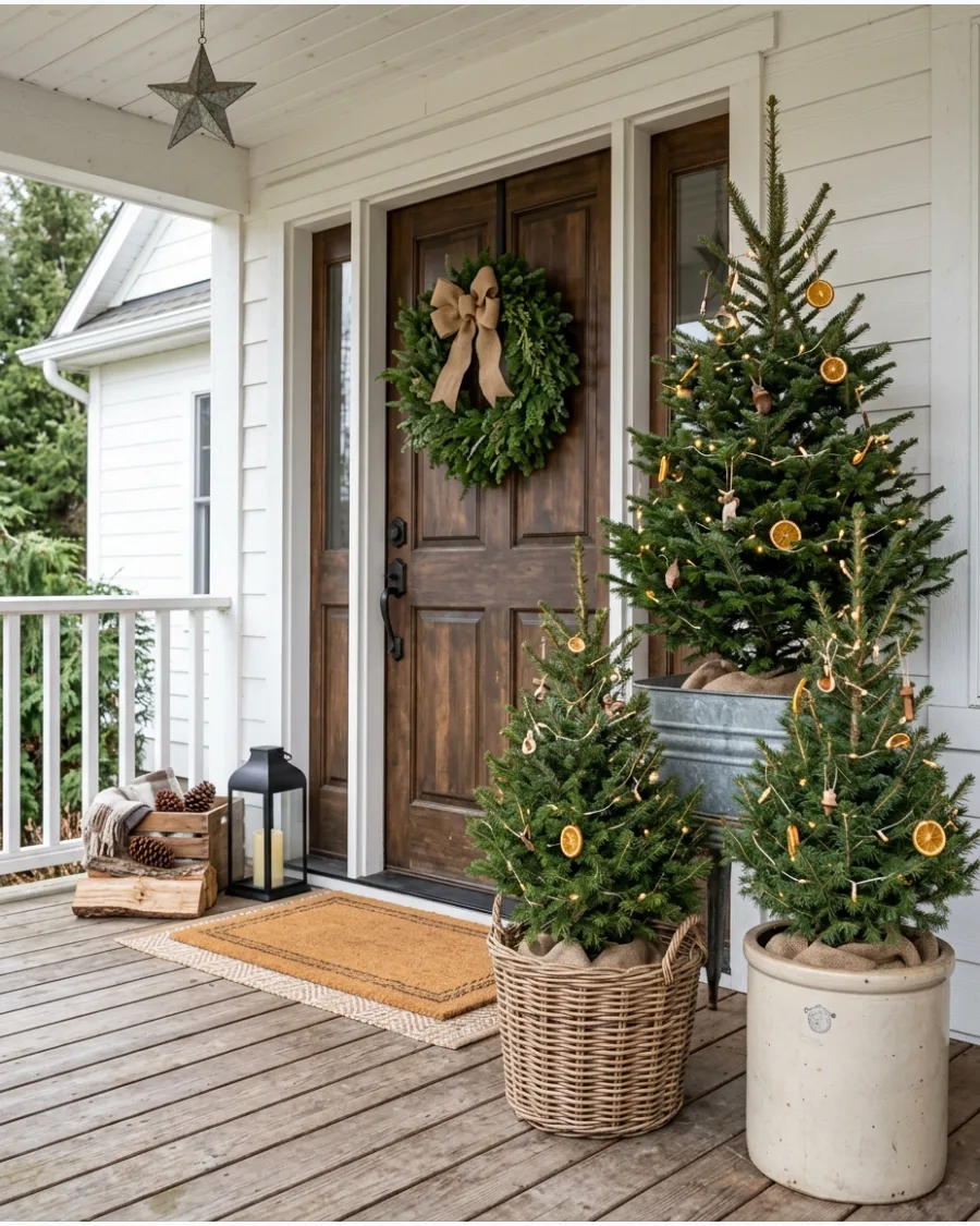 30. Layered Farmhouse Porch Tree Display