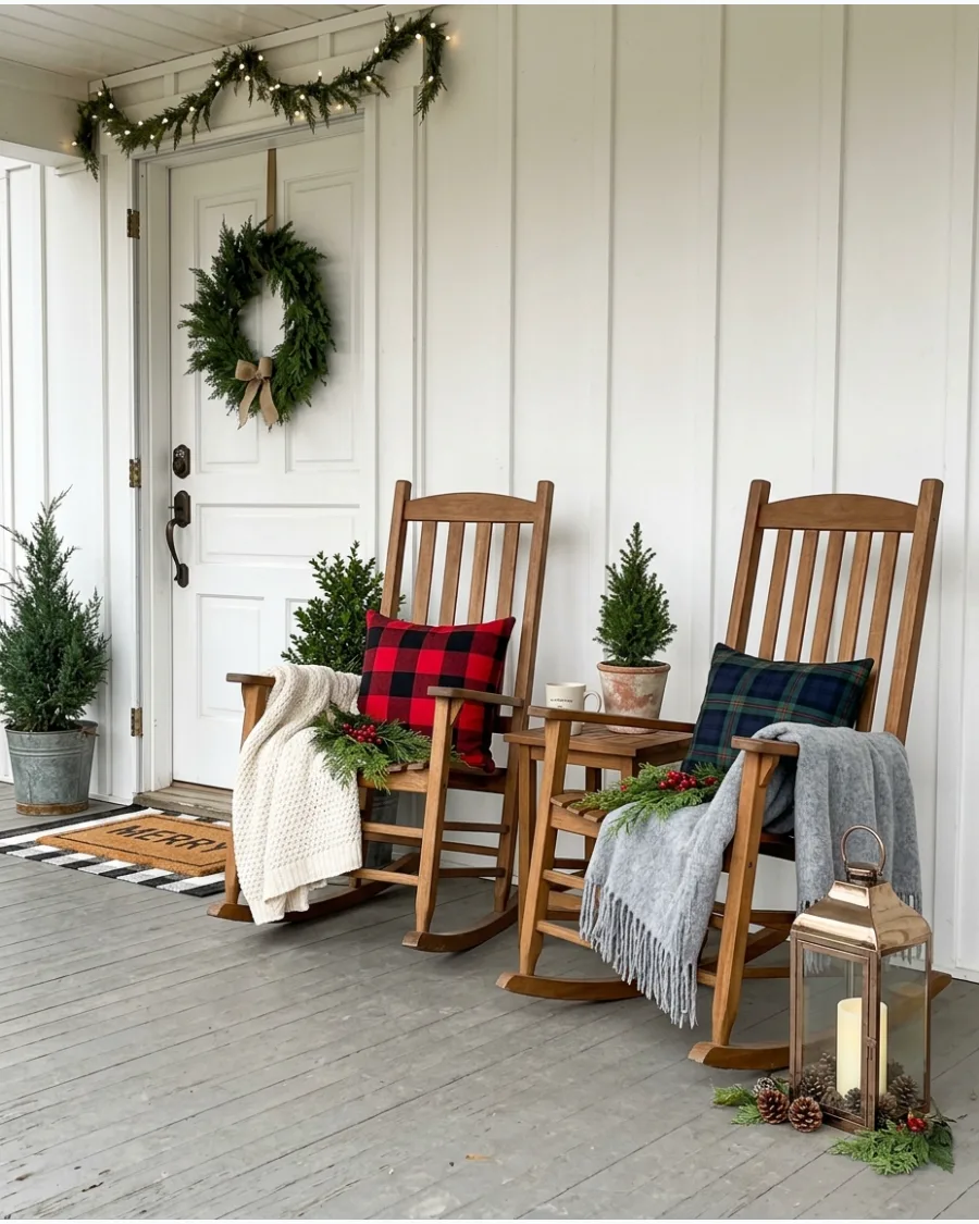 31. Farmhouse Christmas Porch With Rocking Chairs
