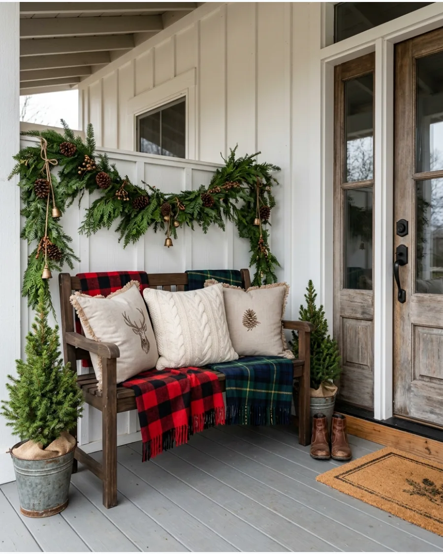32. Christmas Porch Bench With Plaid Blankets