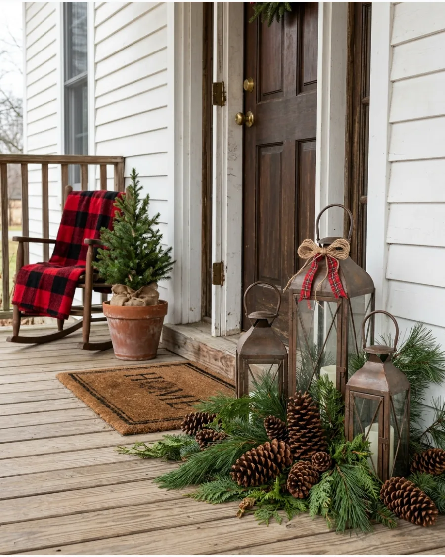 34. Cozy Christmas Porch With Lantern Grouping