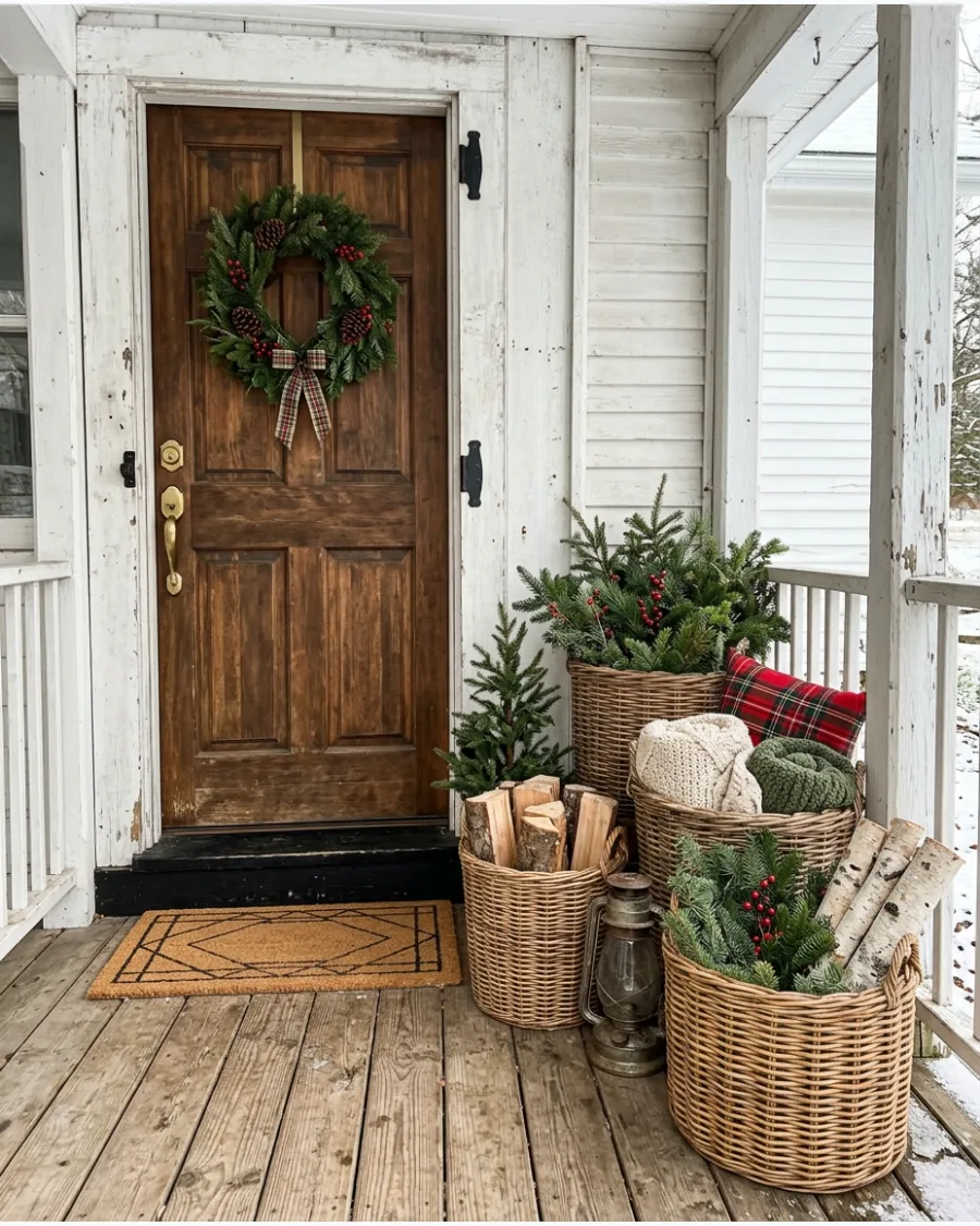 35. Farmhouse Christmas Porch With Woven Baskets