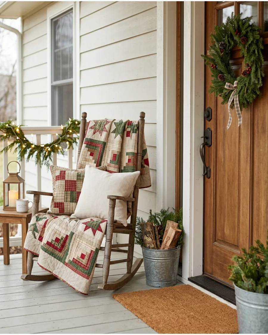 36. Christmas Porch With Quilted Farmhouse Textiles