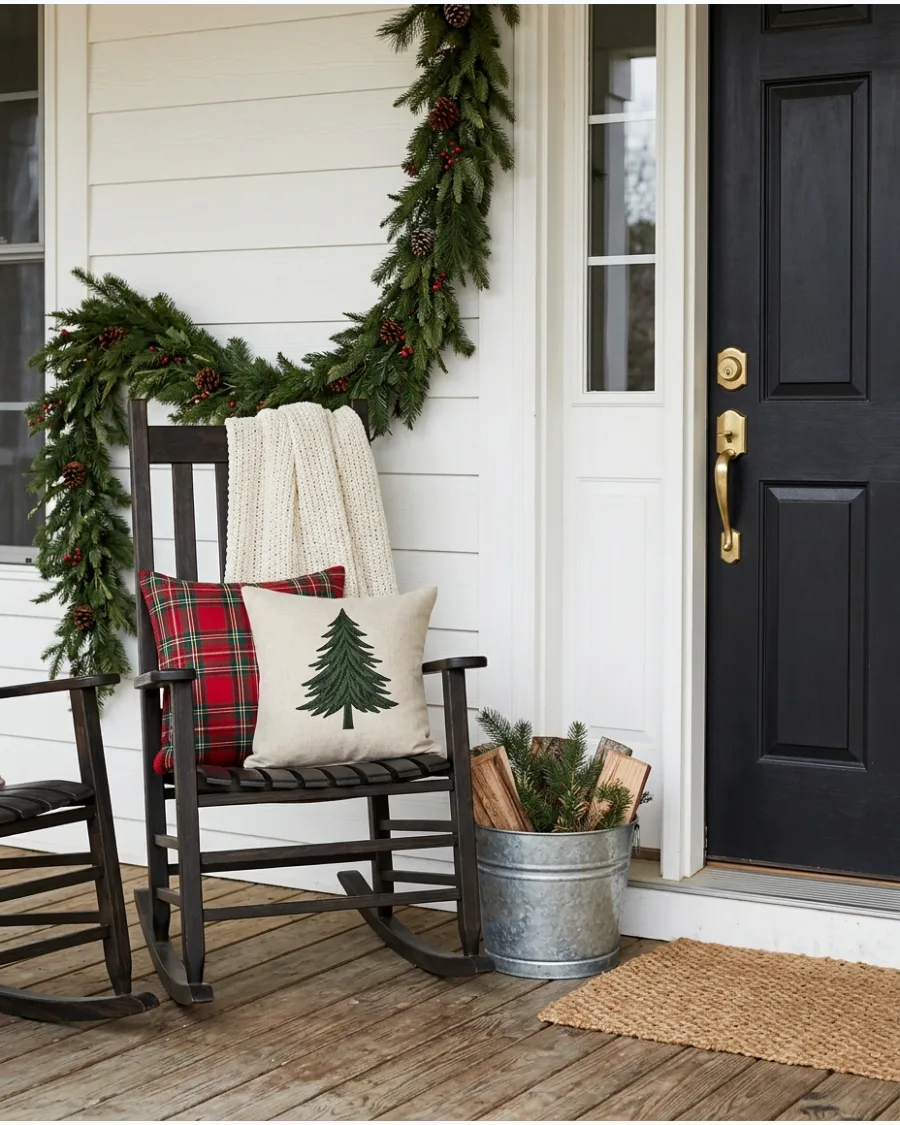 40. Cozy Porch With Christmas Pillows and Evergreen Garland
