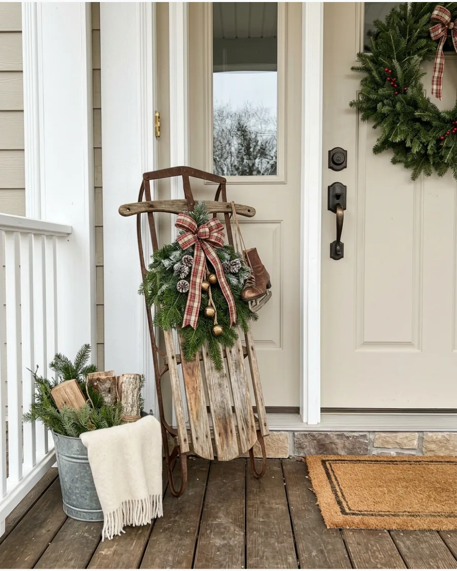 41. Vintage Sled Farmhouse Christmas Porch