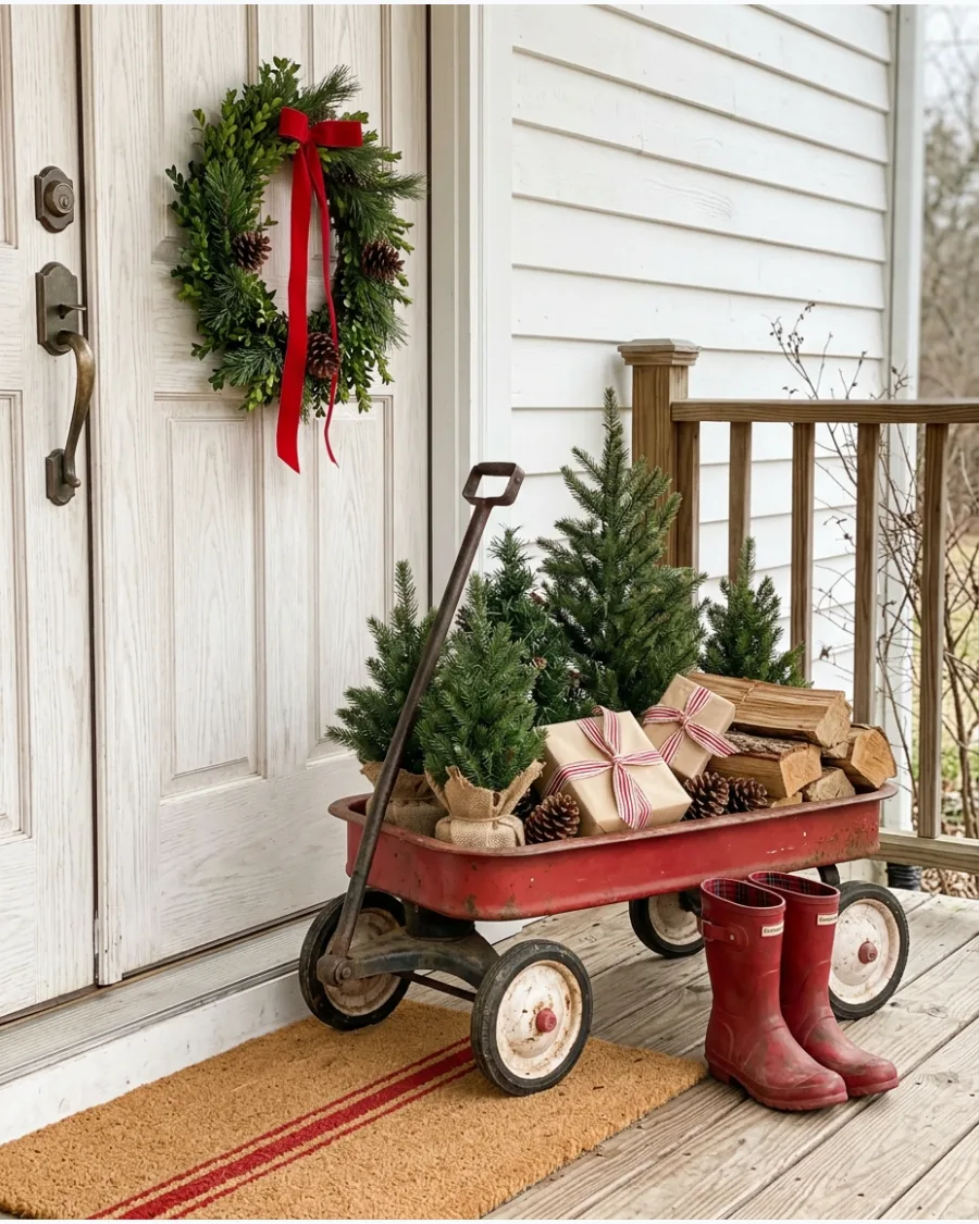 43. Vintage Red Wagon Christmas Porch