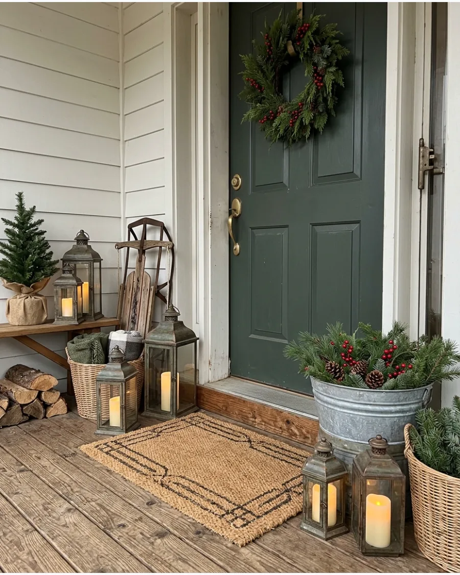 45. Vintage Lantern Farmhouse Christmas Porch
