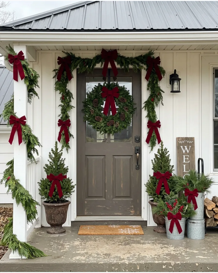 5. Farmhouse Christmas Porch With Red Bows
