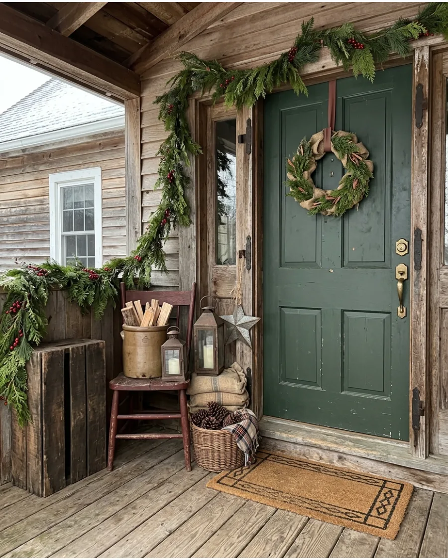 50. Primitive Farmhouse Christmas Porch
