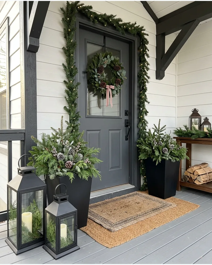 51. Modern Farmhouse Christmas Porch With Black Accents
