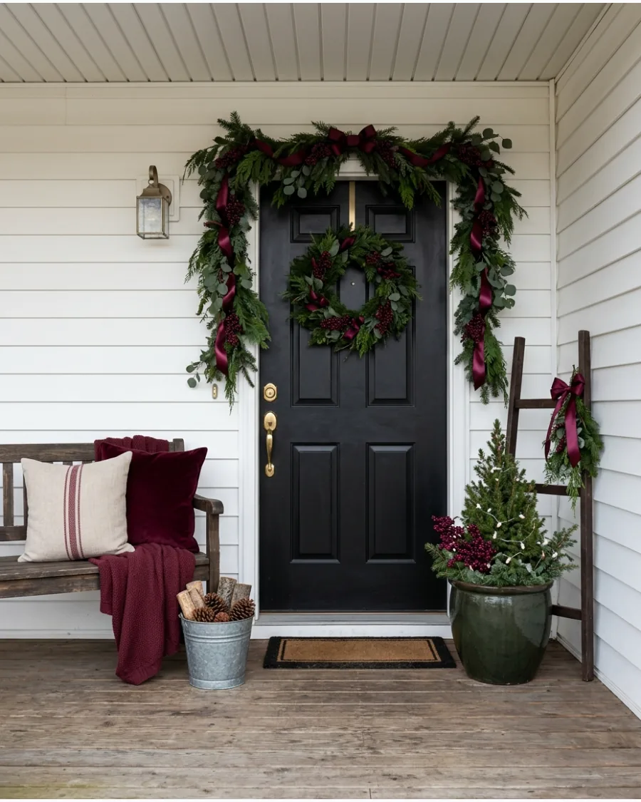 53. Burgundy Farmhouse Christmas Porch