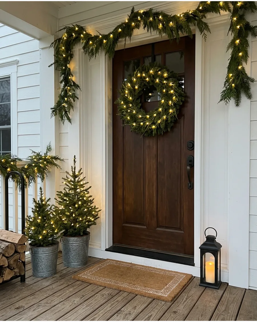 55. Farmhouse Christmas Porch With Warm Micro Lights