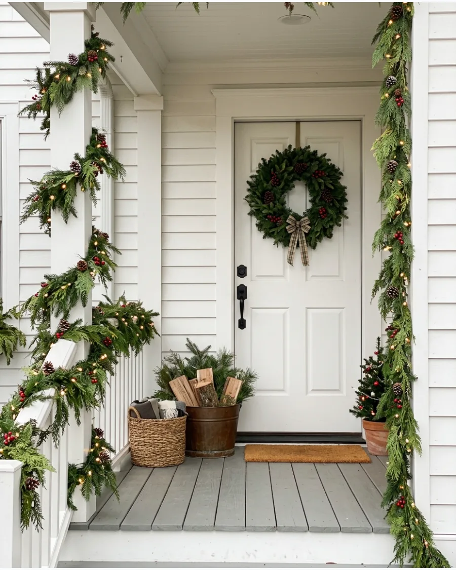 6. White Farmhouse Porch With Christmas Greenery