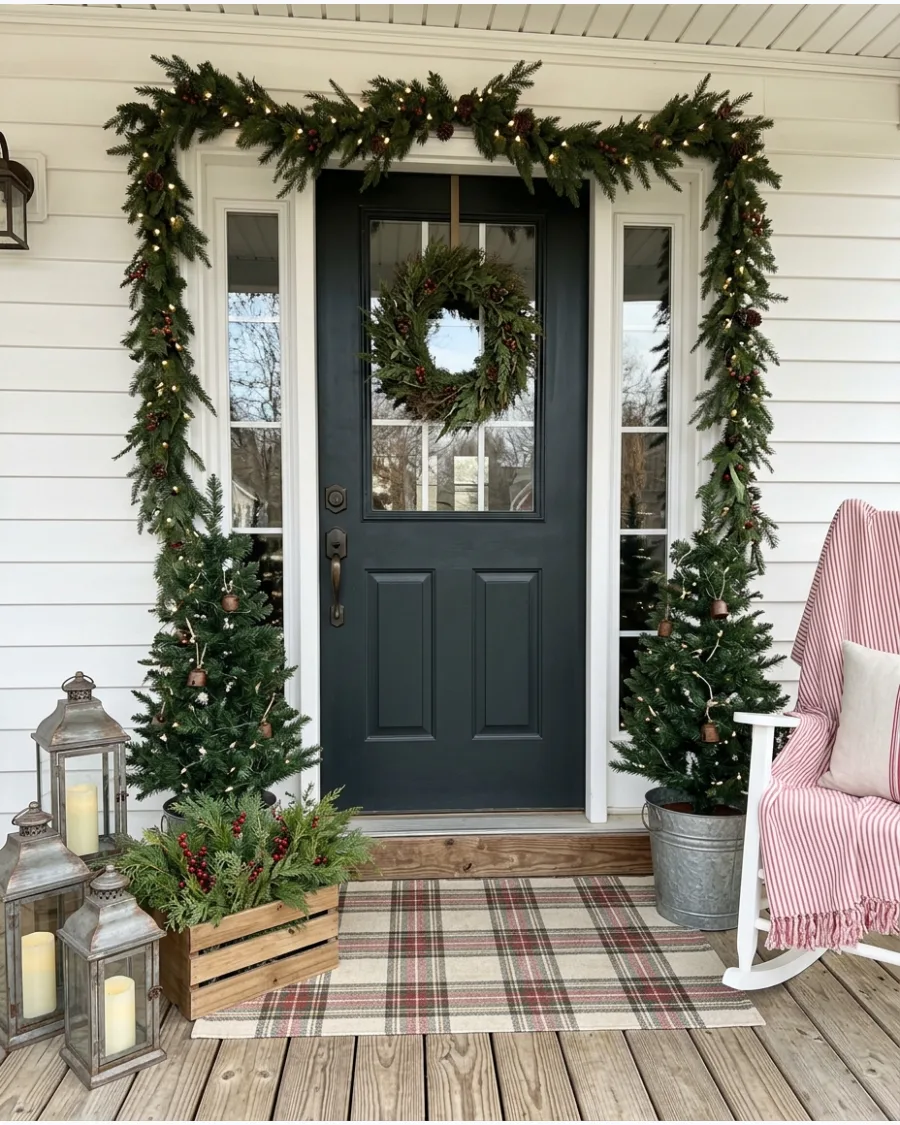 60. Layered Farmhouse Christmas Porch With Greenery, Trees, and Lanterns