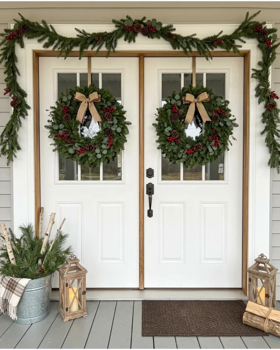 8. Farmhouse Porch With Double Christmas Wreaths