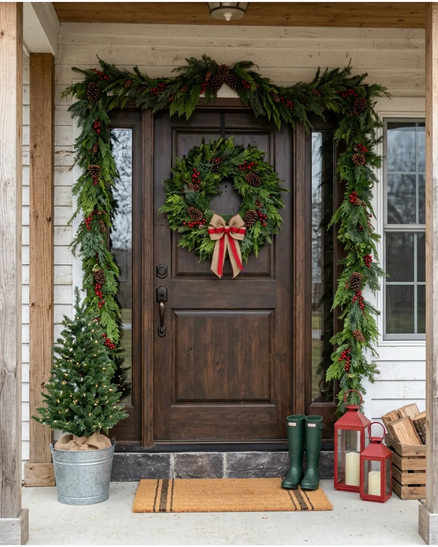 9. Christmas Porch With Wreath and Matching Garland