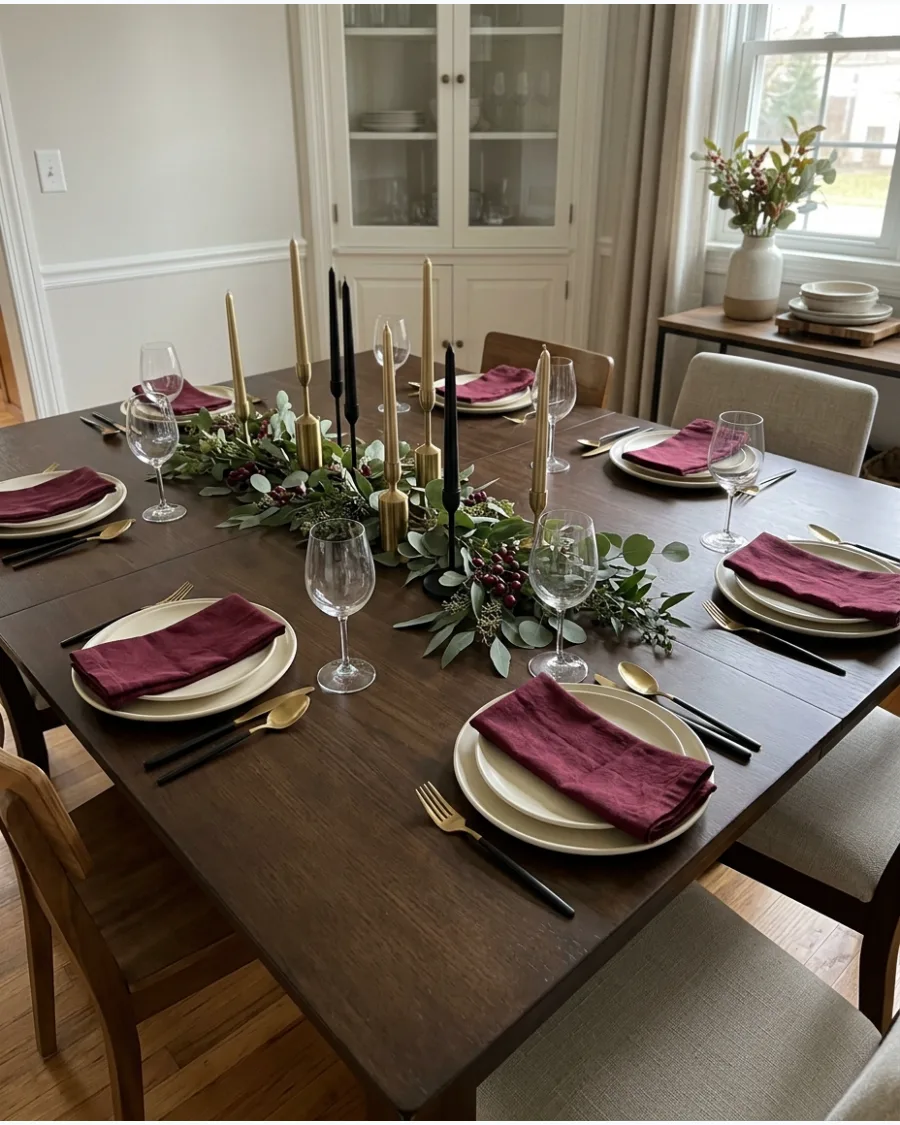 11. Modern Burgundy Friendsgiving Tablescape
