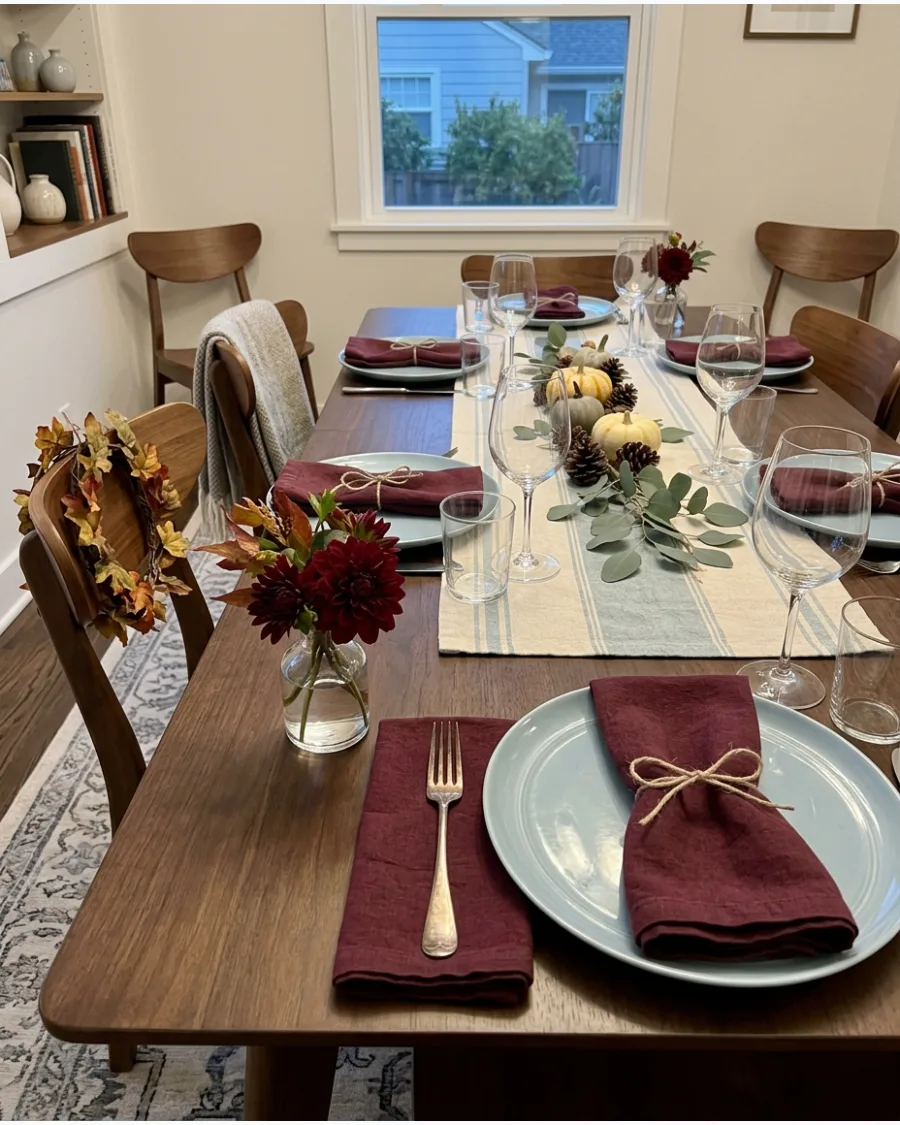13. Burgundy and Light Blue Friendsgiving Table