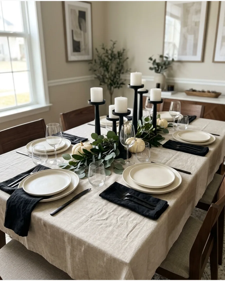 18. Modern Black and Neutral Friendsgiving Table