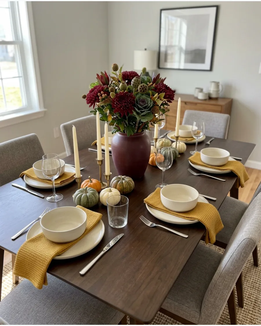 24. Mustard and Burgundy Friendsgiving Table