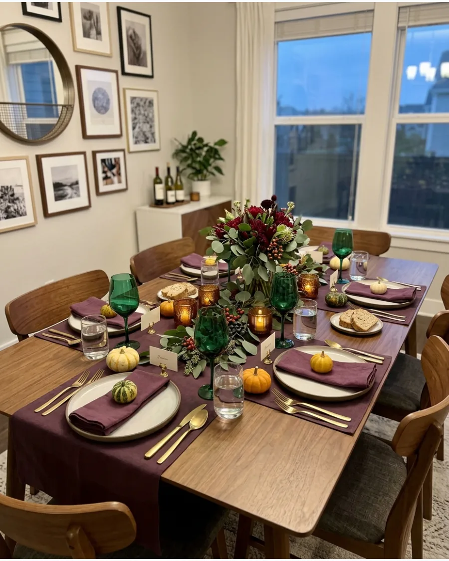 26. Jewel-Tone Friendsgiving Tablescape