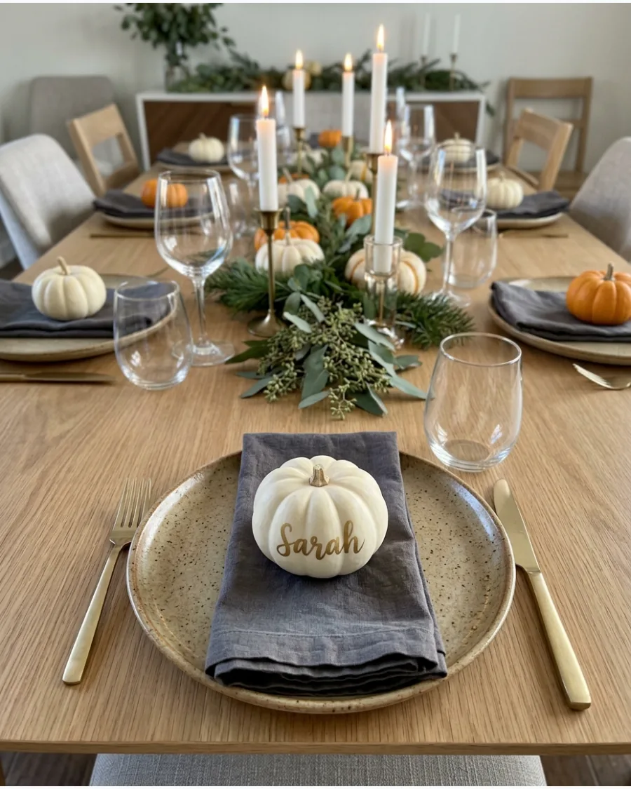 33. Mini Pumpkin Name Card Tablescape