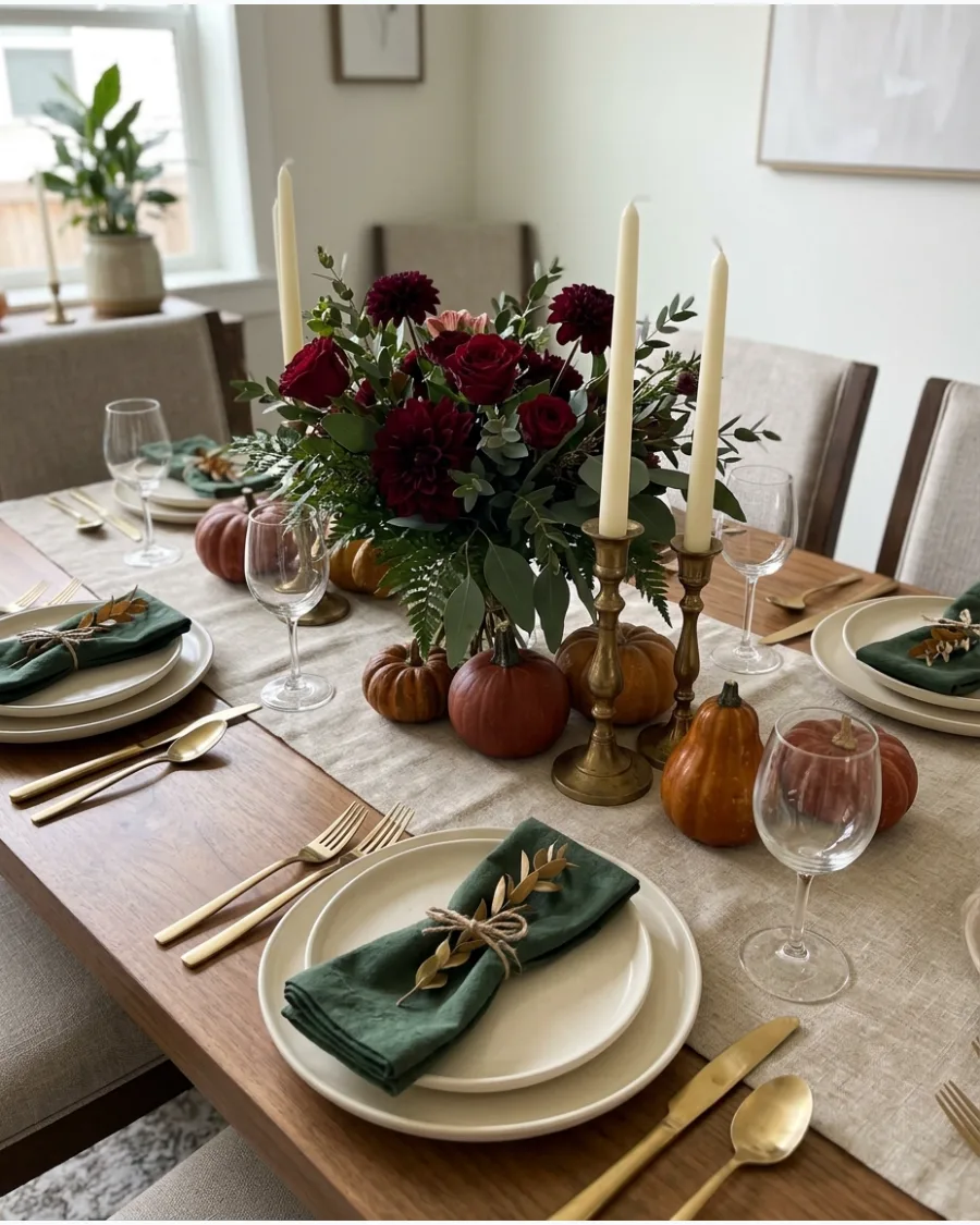 10. Burgundy and Green Thanksgiving Tablescape