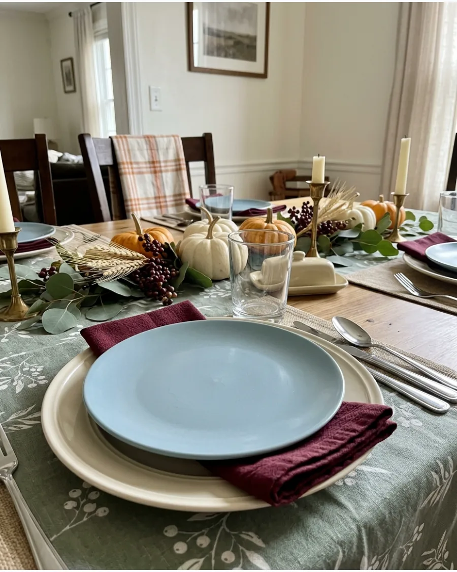 11. Burgundy and Light Blue Thanksgiving Tablescape