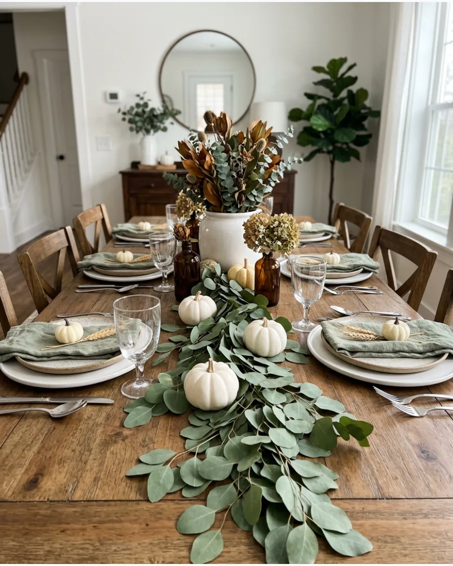 19. Eucalyptus and Pumpkin Thanksgiving Tablescape