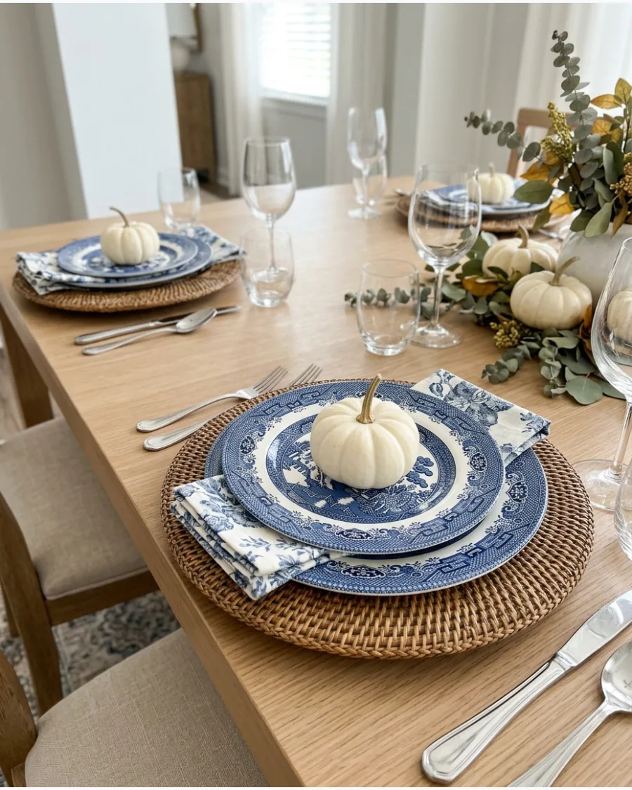 29. Blue and White China Thanksgiving Tablescape