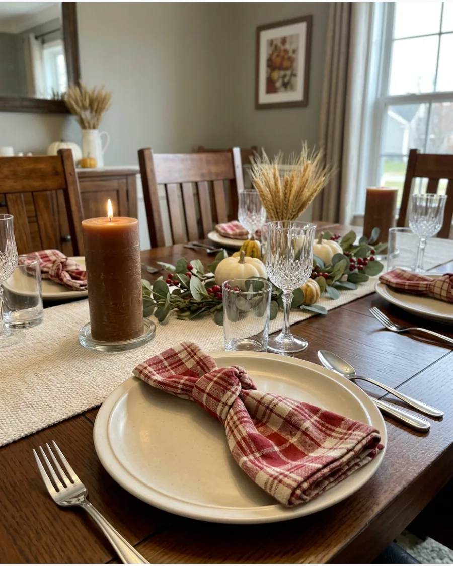 39. Red and Cream Plaid Thanksgiving Table