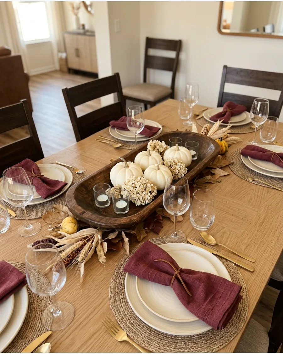 41. Rustic Dough Bowl Thanksgiving Centerpiece Table
